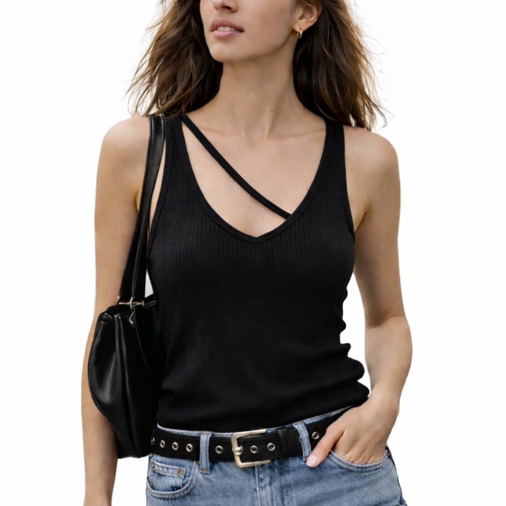 LNA Ribbed Asymmetrical Strap Tank Black Sz. S